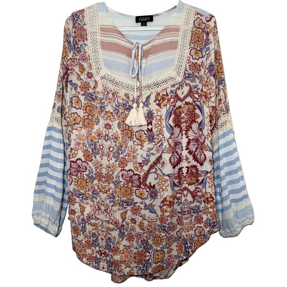 Gigio Tops - GiGiO USA Women M Floral Stripe Crochet Lace Tassel Boho Tunic Blouse Rayon